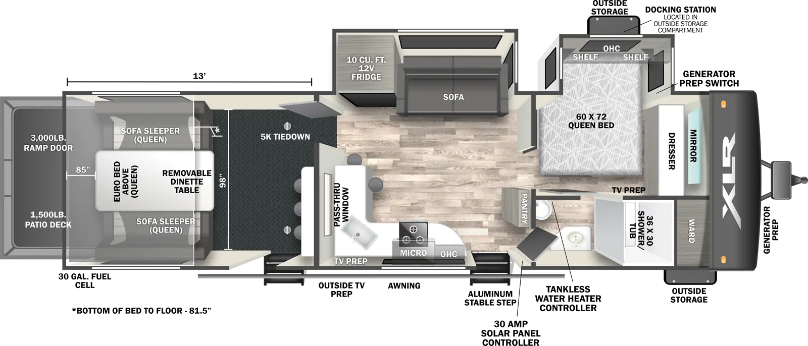 The 3113B has 2 slideouts on the off-door side, 2 entry doors and a rear ramp door. Exterior features include a 1500 lb. capacity party deck, 30 Gal. fuel cell, outside TV prep, awning, 30 AMP solar panel, outside storage, front generator prep and docking station located in outside storage compartment. Interior layout from front to back includes: front bedroom with 60 x 72 Queen bed slideout with overhead cabinet and shelf, front wall dresser with mirror and master bathroom with 36 x 30 shower/tub, vanity and toilet; master bathroom passes through to the living room; off-door side slideout holding a 10 cu. ft. 12V refrigerator and sofa; door-side kitchen with L-shaped countertop, angled sink, pass-through window into cargo area, overhead cabinet and microwave, stovetop, barstools and TV prep; rear cargo area with barstools facing window to kitchen; 5K tiedowns, euro Queen bed  above removable dinette table and opposing side sofa Queen sleepers; and rear 3,000 lb. ramp door that converts to 1500 lb. patio deck.